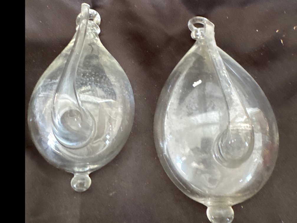 Pair of Clear Hand-Blown Glass Teardrop Hanging Vessels