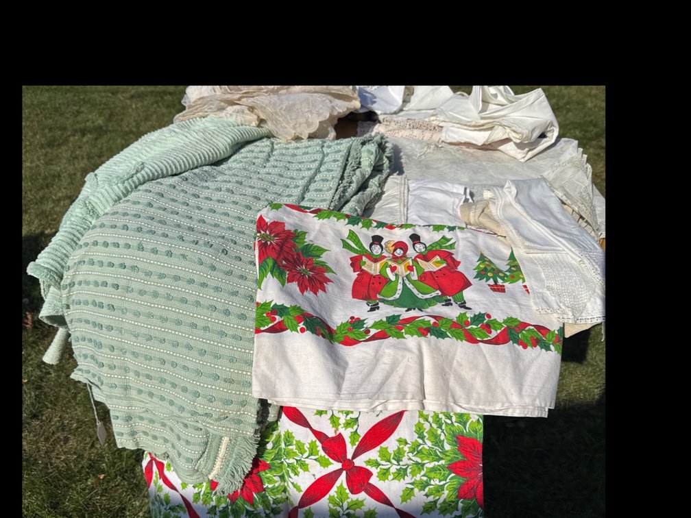 Textiles and Linens Lot with Green Chenille Bedspreads, Holiday Linens, and Lace