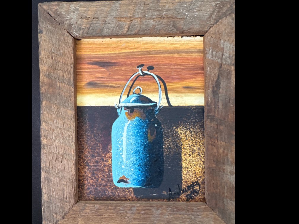 Brenda L. Amburgey Framed Painting of Blue Enamelware Pail, 6 x 7