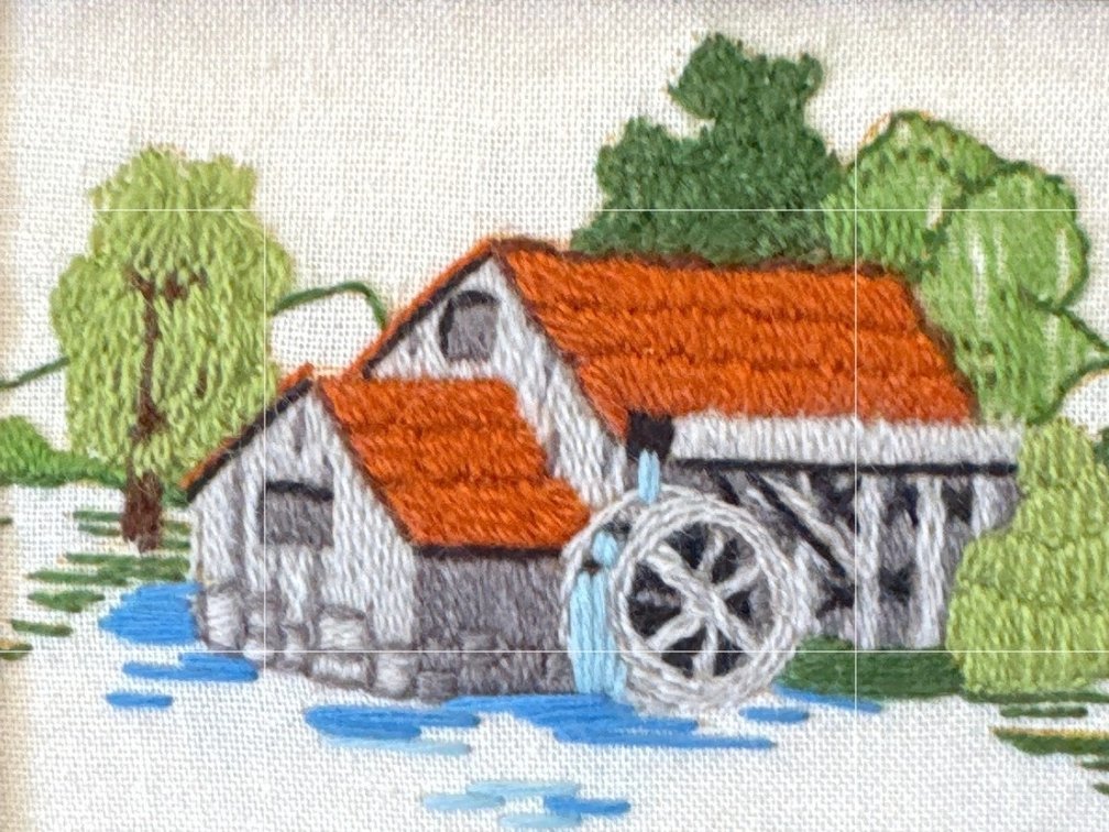 Framed Crewel Embroidered Watermill Textile Artwork, Dated 1979
