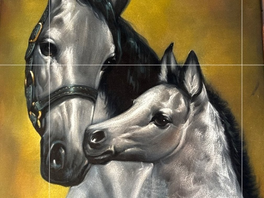 Framed Portrait Painting of Grey Mare and Foal