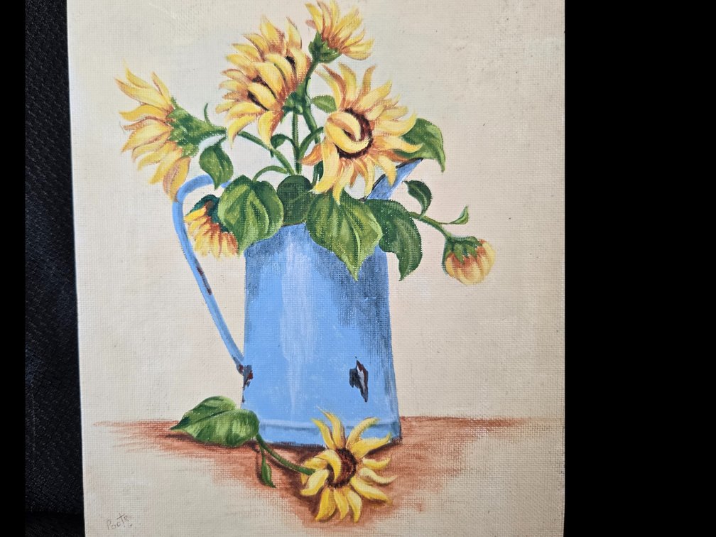 Still Life Painting of Sunflowers in Blue Pitcher signed PootR
