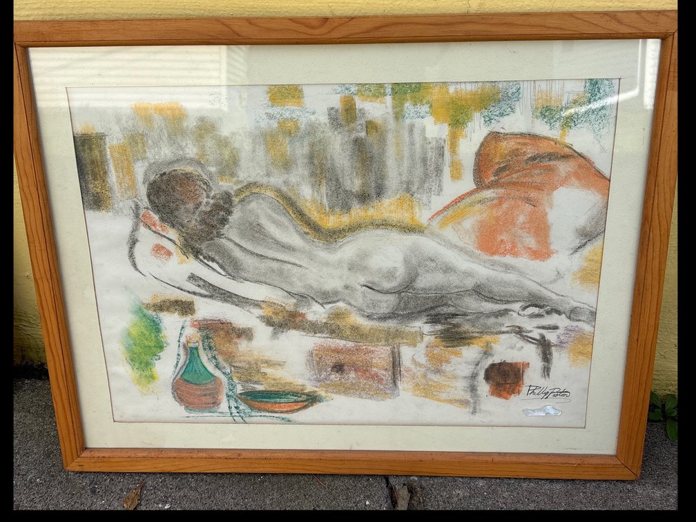 Phillip Poston Framed Charcoal and Pastel Reclining Nude Drawing