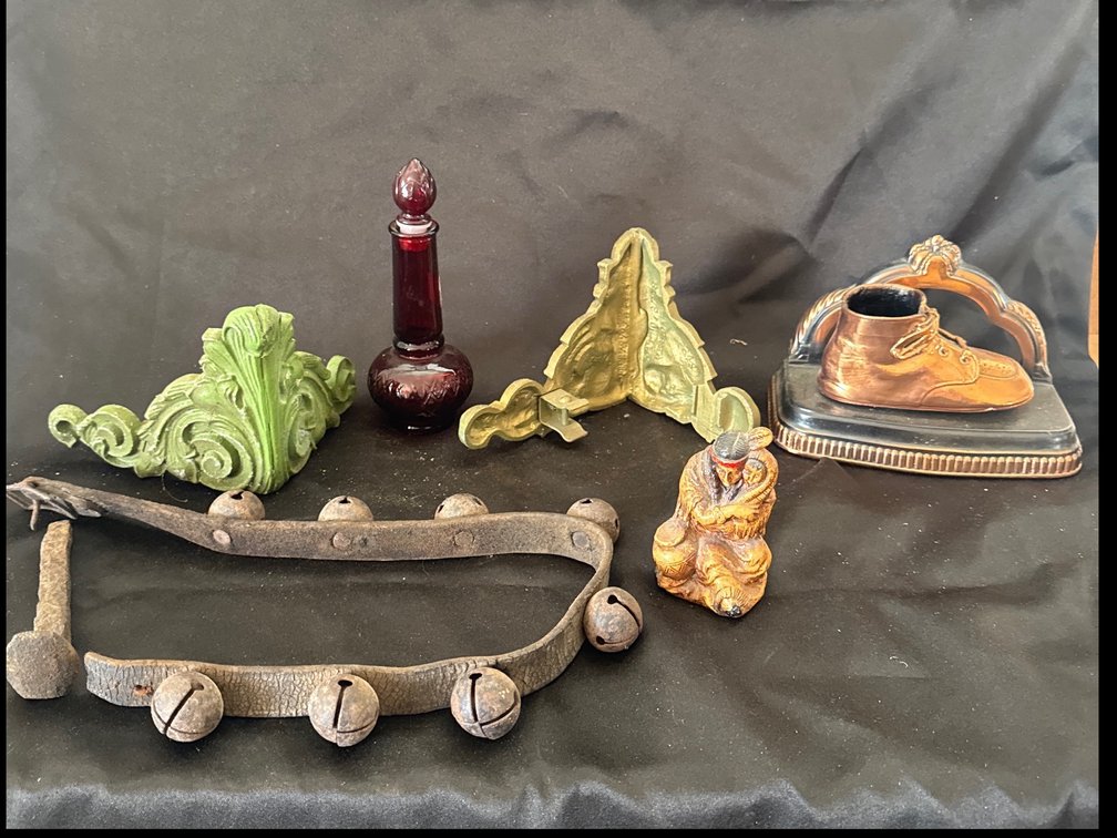 Decorative Collectibles: Sleigh Bells on Leather Strap, Ruby Red Glass Perfume Bottle, Bronzed Baby Shoe, and More