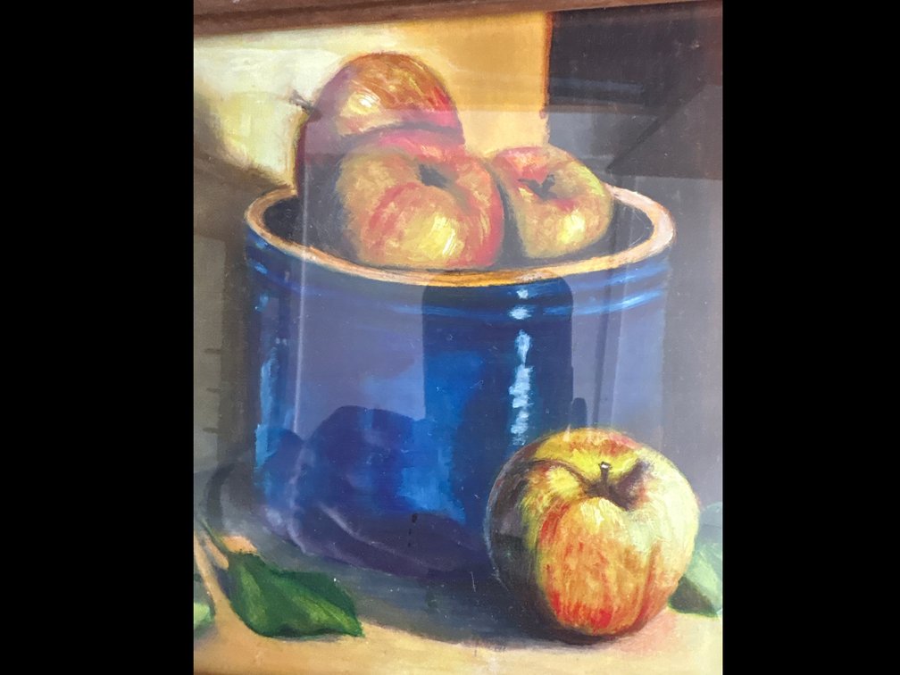 Framed Still Life Artwork of Apples and Blue Crock