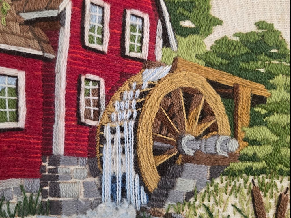 Blythe Embroidered Crewel Textile Art of Red Watermill