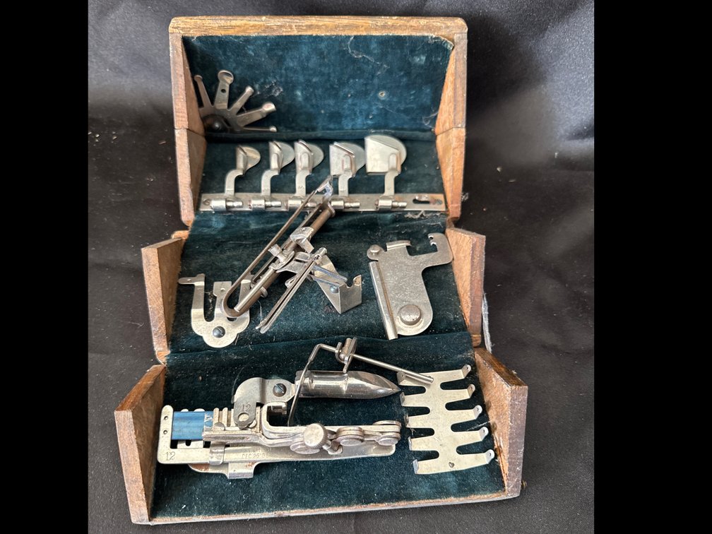 Antique Sewing Machine Attachments Set in Wooden Case