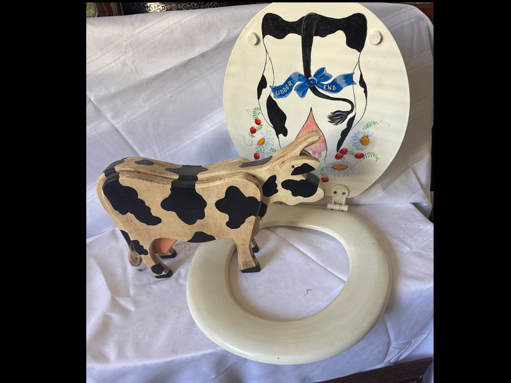 Novelty Cow-Themed Toilet Seat and Painted Wooden Cow Figurine (2)