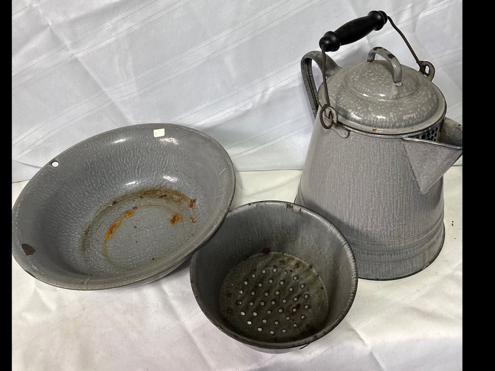 Gray Mottled Enamelware Coffee Pot Kettle, Basin, and Strainer, 3 Pieces