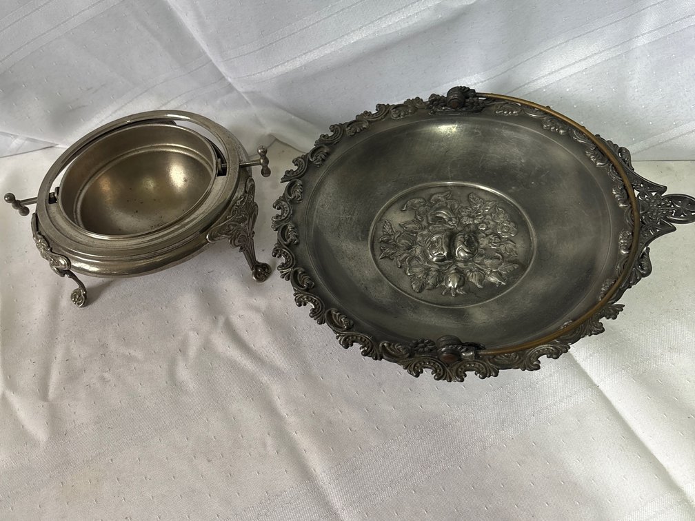 Silver-Toned Metal Revolving Dome Server and Handled Embossed Bowl