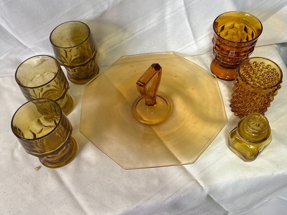 Amber Pressed Glass Tableware Including Center-Handled Serving Tray, Tumblers, and Shaker