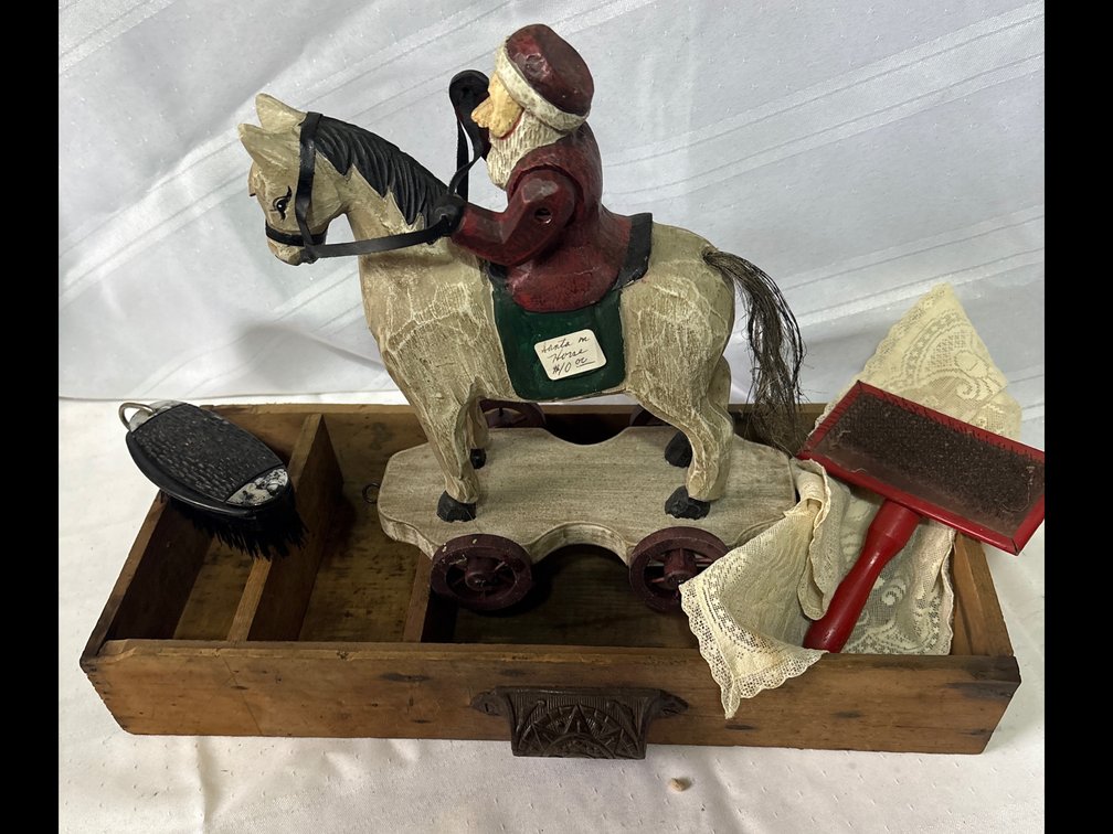 Folk Art Santa on Wheeled Horse with Wooden Divided Caddy, Brushes, and Lace Textile