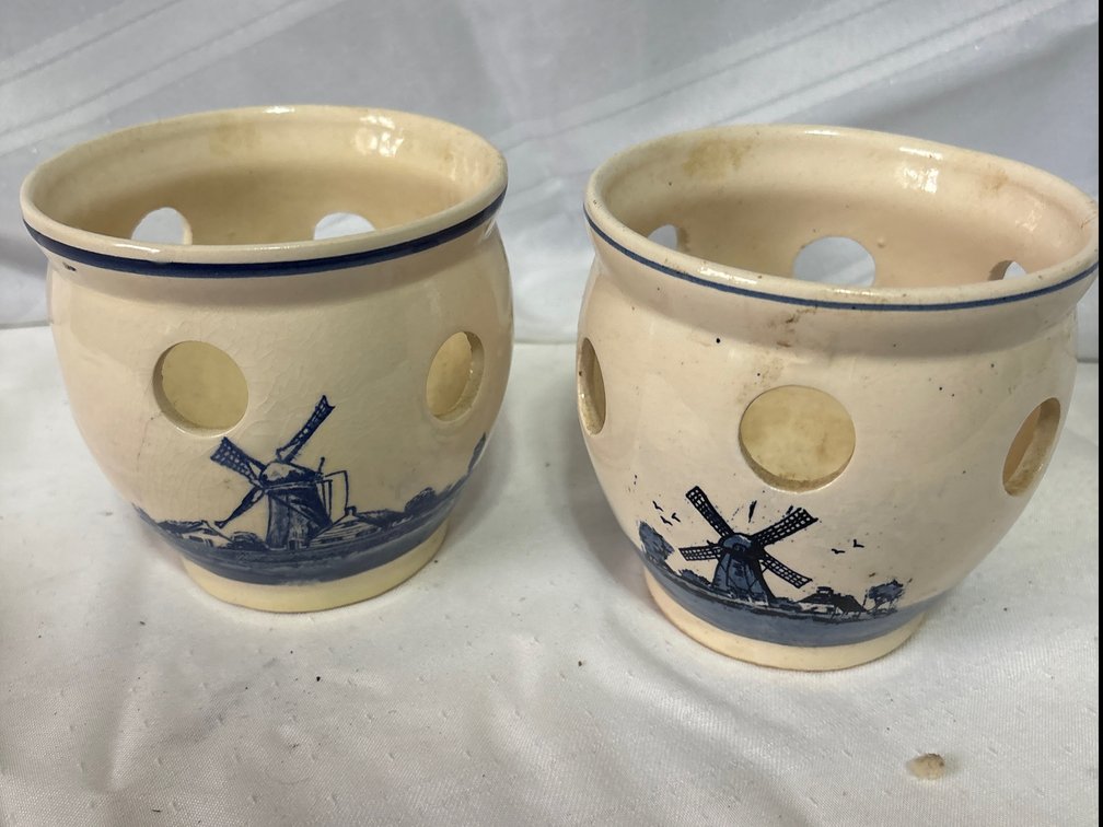 Pair of Hand-Painted Delfts Blauw Ceramic Windmill Votive Holders