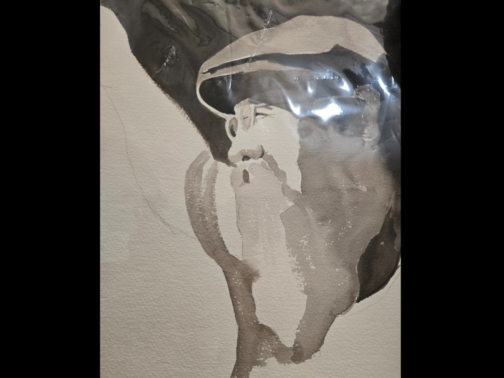Ink Wash Portrait of a Bearded Man with Cap and Spectacles