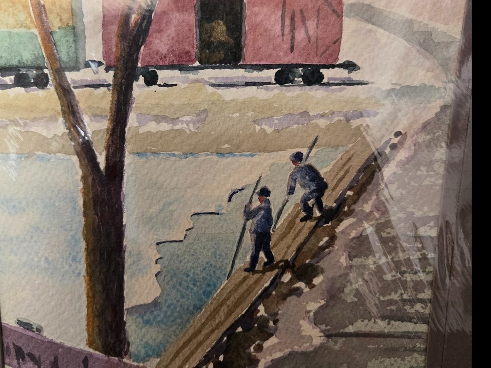 Milne Shier Signed Watercolor Painting of Workers and Train Cars