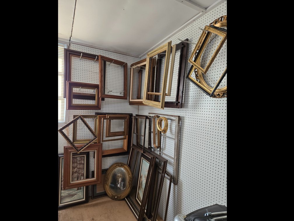 Collection of Picture Frames, Framed Artwork, and Multi-Pane Window Frame