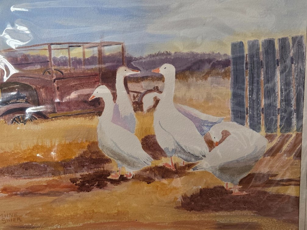 Milne Shier Matted Watercolor Painting of Geese and Vintage Vehicle