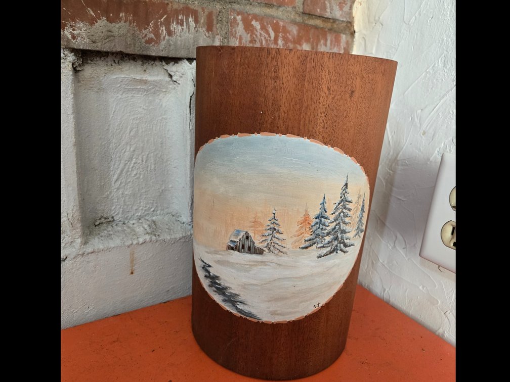 Painted Wooden Cylindrical Container with Winter Landscape