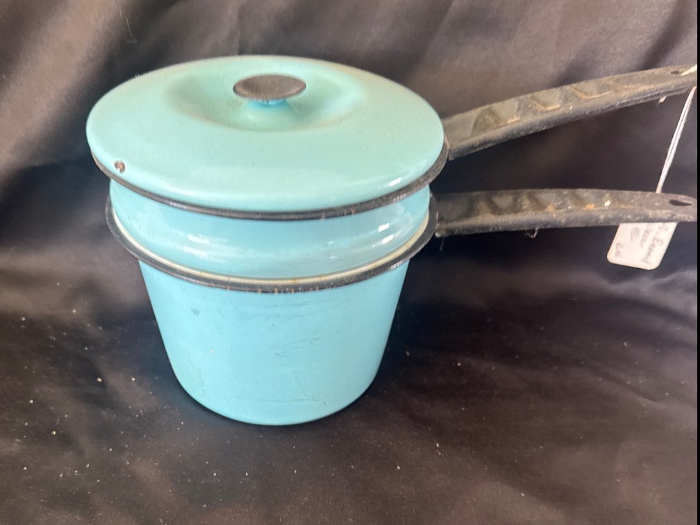 Light Blue Enameled Metal Double Boiler with Lid
