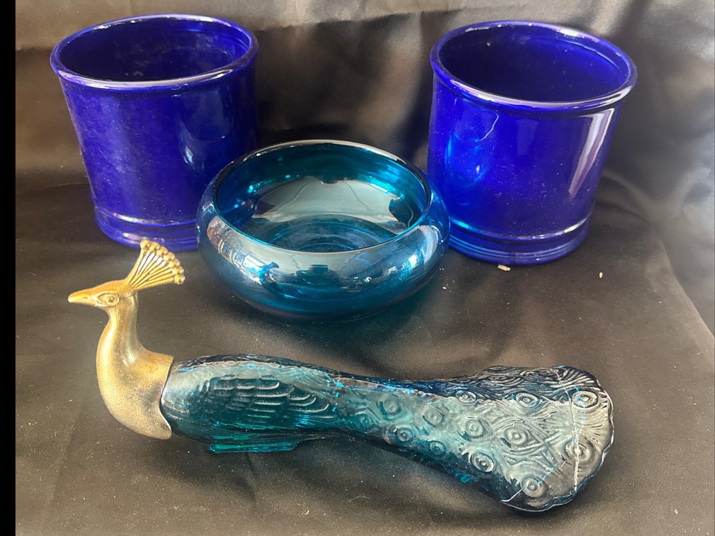 Cobalt Blue Vessels, Teal Glass Low Bowl, and Peacock Figural Bottle