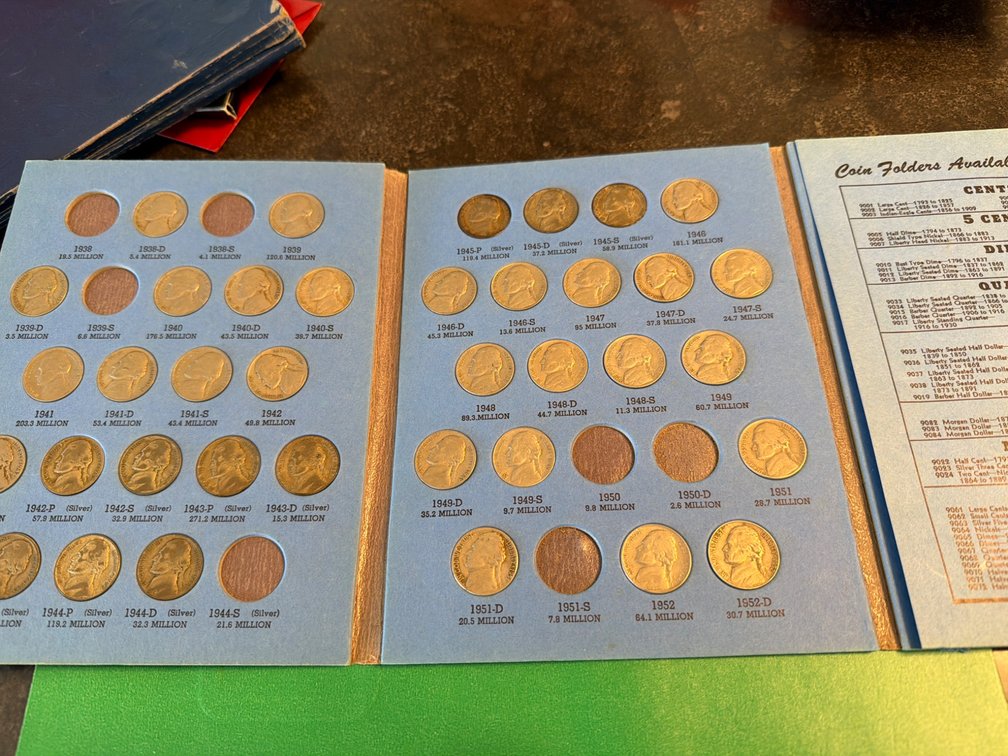 Jefferson Nickel Collection Starting 1938 in Folder No. 9009