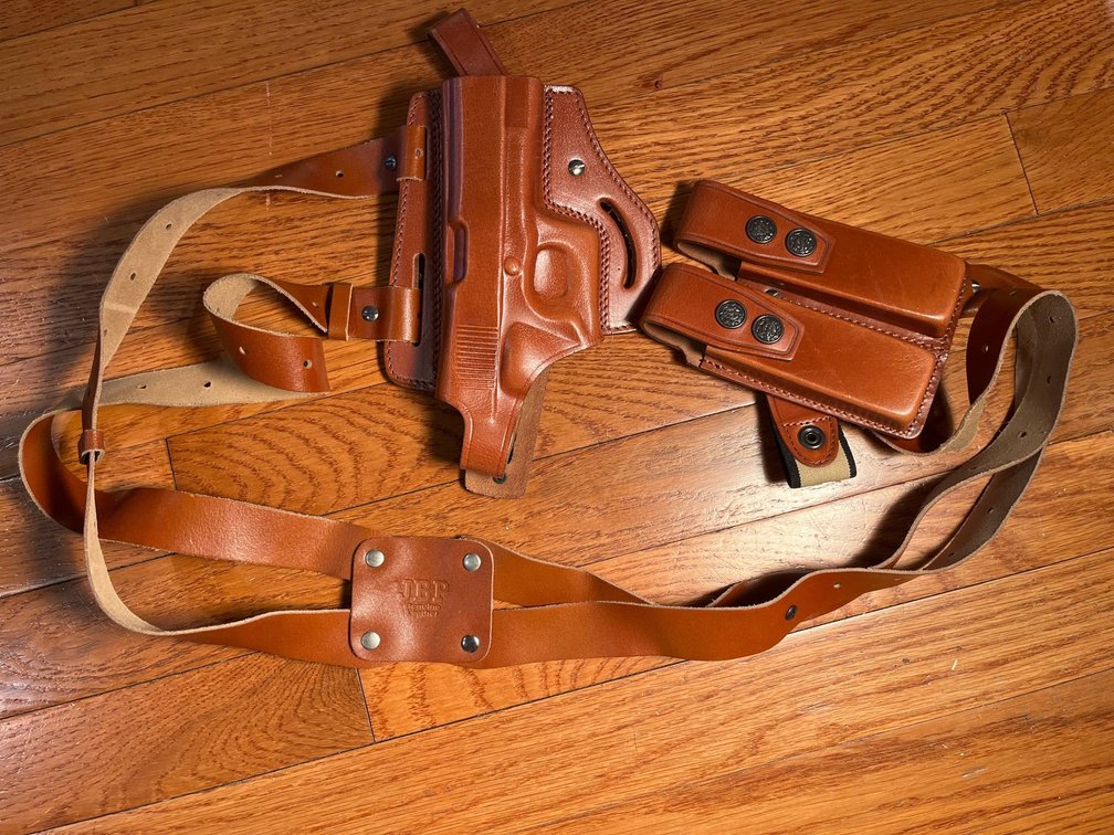 JBP Genuine Leather Shoulder Holster with Dual Magazine Pouches