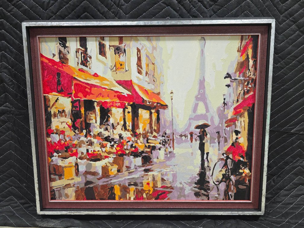 Framed Artwork Depicting Eiffel Tower Scene in 23 in x 19 in Dimensions