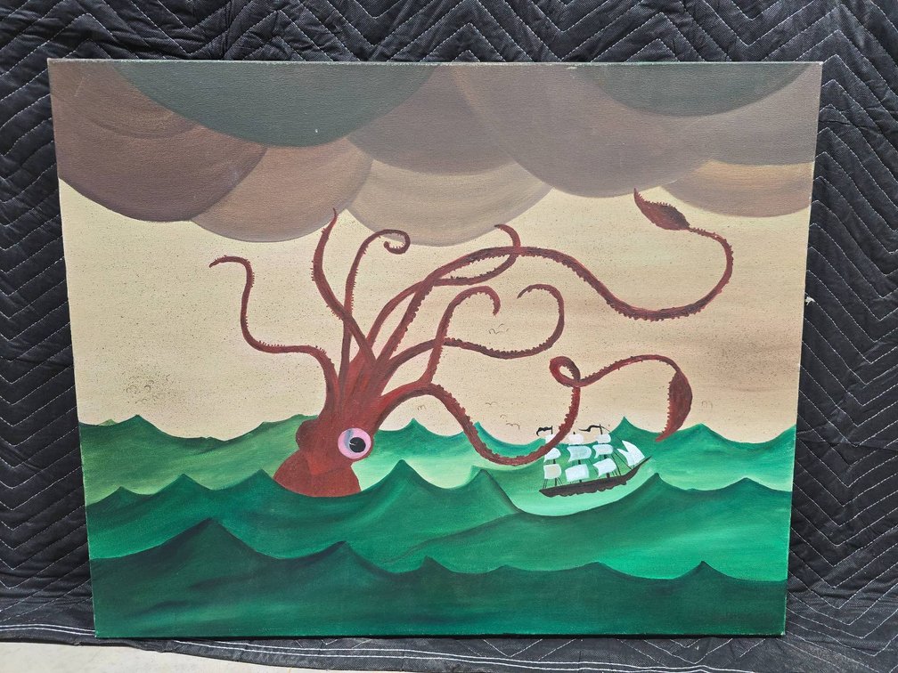 Canvas Painting Depicting a Giant Kraken and Sailboat