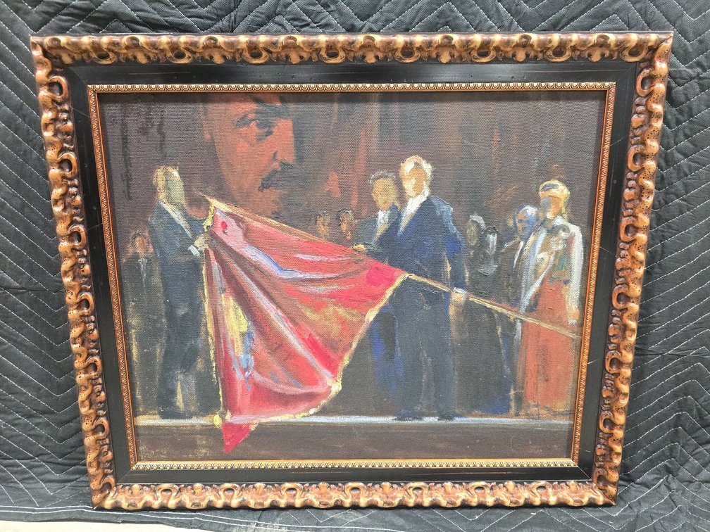 Framed Painting Depicting Figures With Red Flag