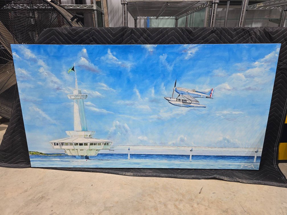 Oil Painting Depicting Sky and Water Scene with Signed Initials