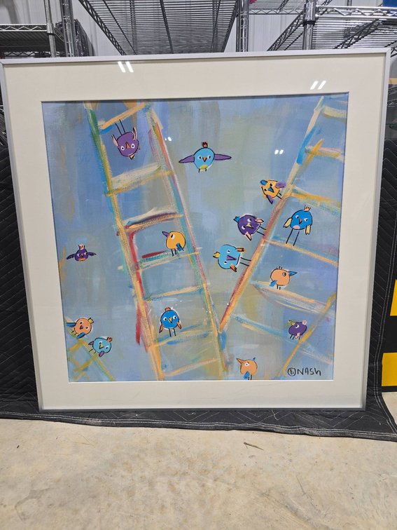 Framed Artwork Featuring Ladders and Birds Signed by Nash