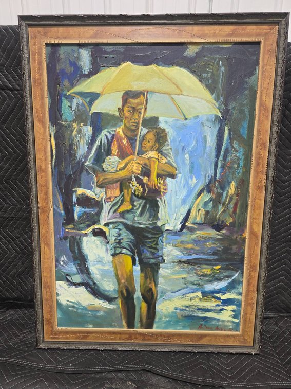 Framed Oil Painting Signed by R. Brix: Parent and Child Under Umbrella