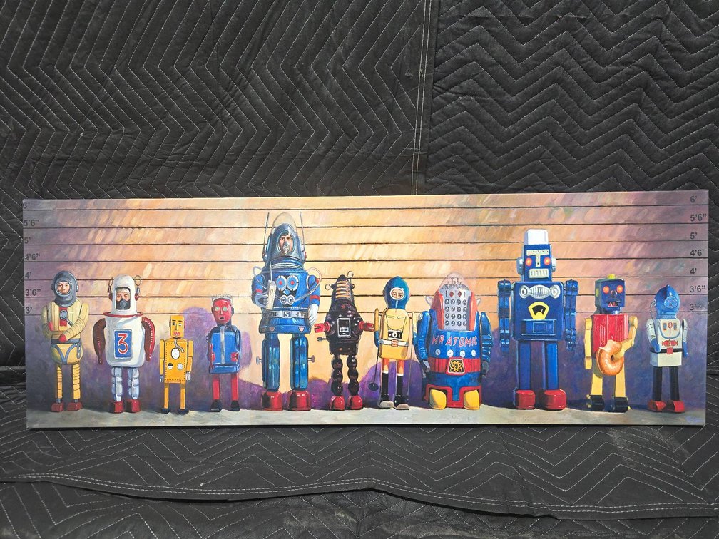 Panoramic Canvas Depicting Robots Against Height Chart Background