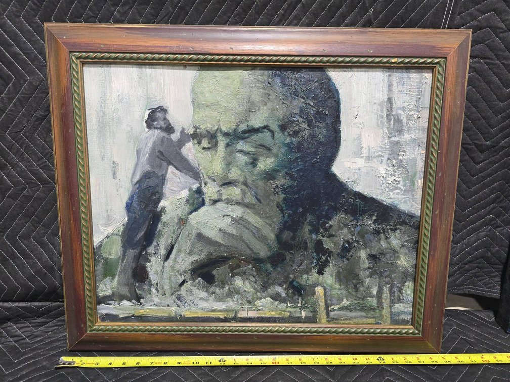 Framed Artwork Depicting a Figure and Landscape Scene
