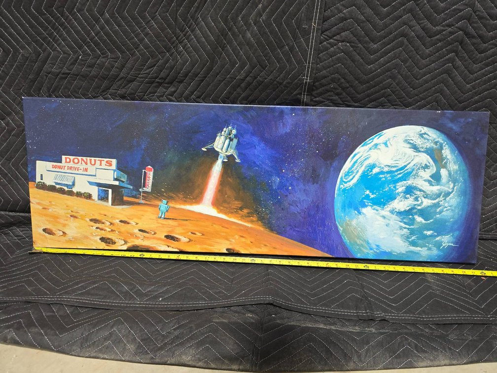 Space-Themed Painting Depicting Lunar Surface and Earth