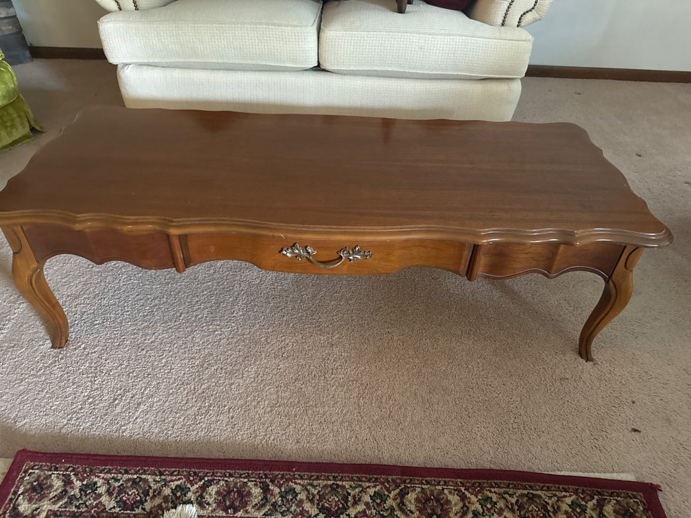 Wood Coffee Table With Scalloped Edges and Drawer