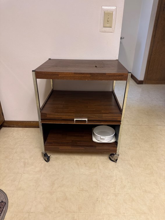 Wood and Metal Rolling Cart With Two Shelves and Drawer