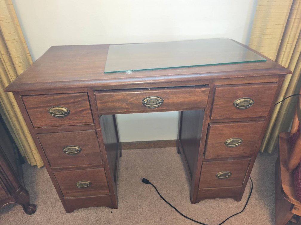 Wooden Desk With Glass Top and Brass Handles