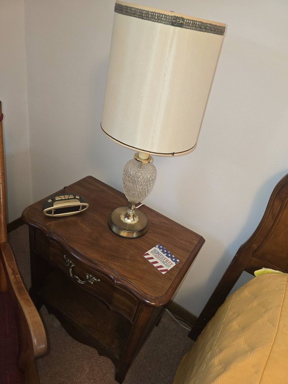 Wood Bedside Table With Alarm Clock and Lamp