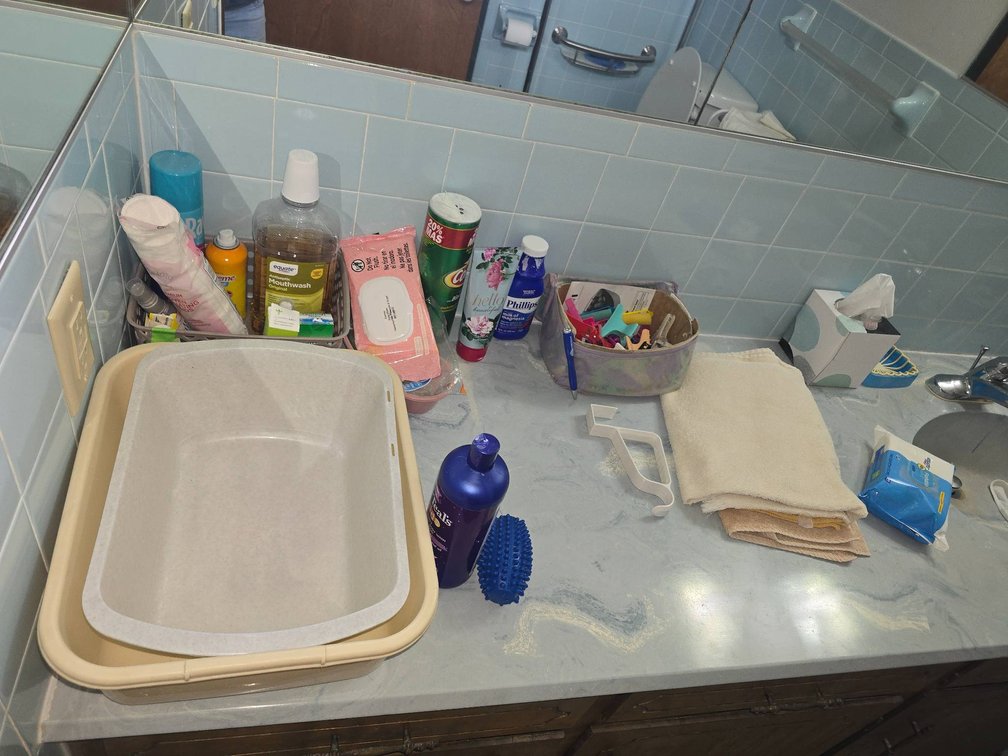 Contents of Bathroom, Including Organizational Items and Toiletries
