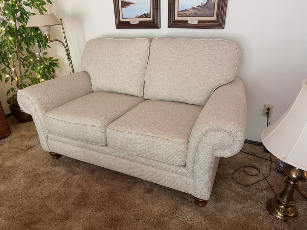 Upholstered Sofa, Beige Fabric, 62" Wide x 38" Deep