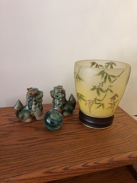 Decorative plastic pot, Ceramic Foo Dogs, and Kerry Glass Orb