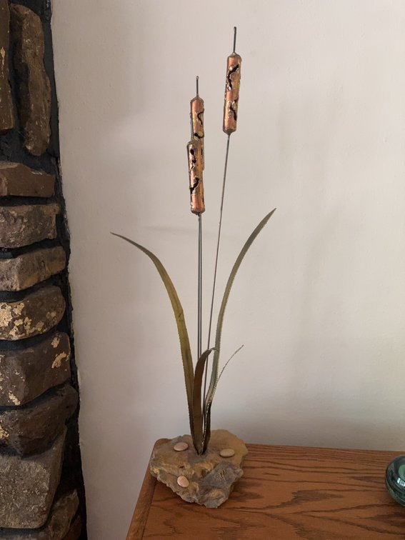 JR Signed Metal and Stone Cattail Sculpture, 32 Inches Tall