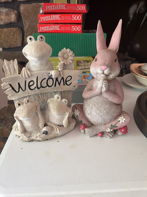 Outdoor Decor Lot: Frog Welcome Sign and Pink Bunny, 10 in. and 12 in.