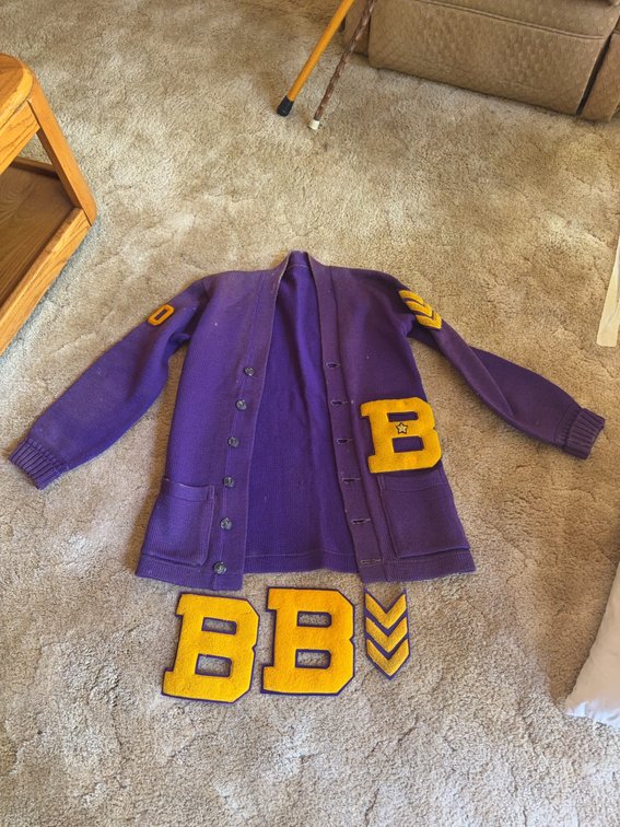 Vintage Purple Wool Varsity Letterman Sweater with Yellow Patches