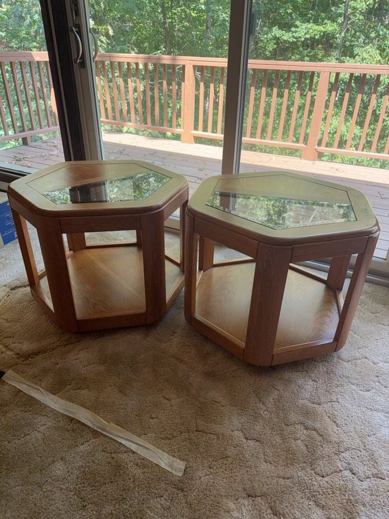Hexagonal Wood and Glass End Tables, 22" Diameter, 21" Tall
