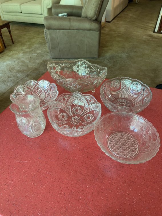Pressed Glass Bowls, 6-Inch Vase, 11-Inch Footed Basket, 8-Inch Bowls