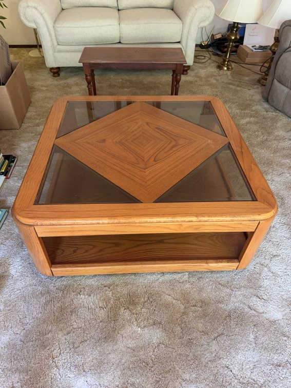 Square Glass and Wood Coffee Table, Approximately 37 x 37 Inches