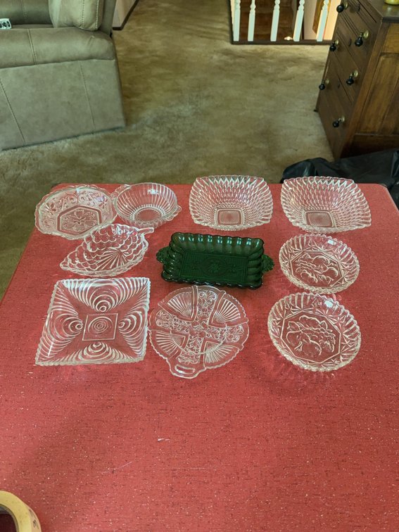 Pressed Glass and Green Glass Serving Dishes, 10 Pieces