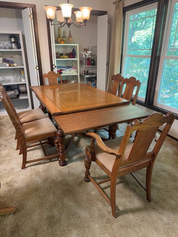 Oak Dining Table With Extension, 5 Side Chairs, 1 Captain’s Chair